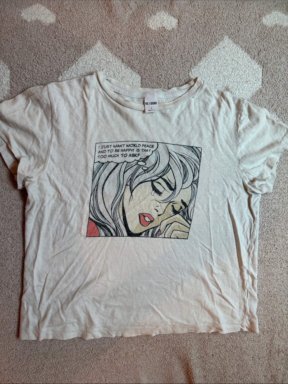 Re/Done Cream Graphic Comic Tee with Red Accent